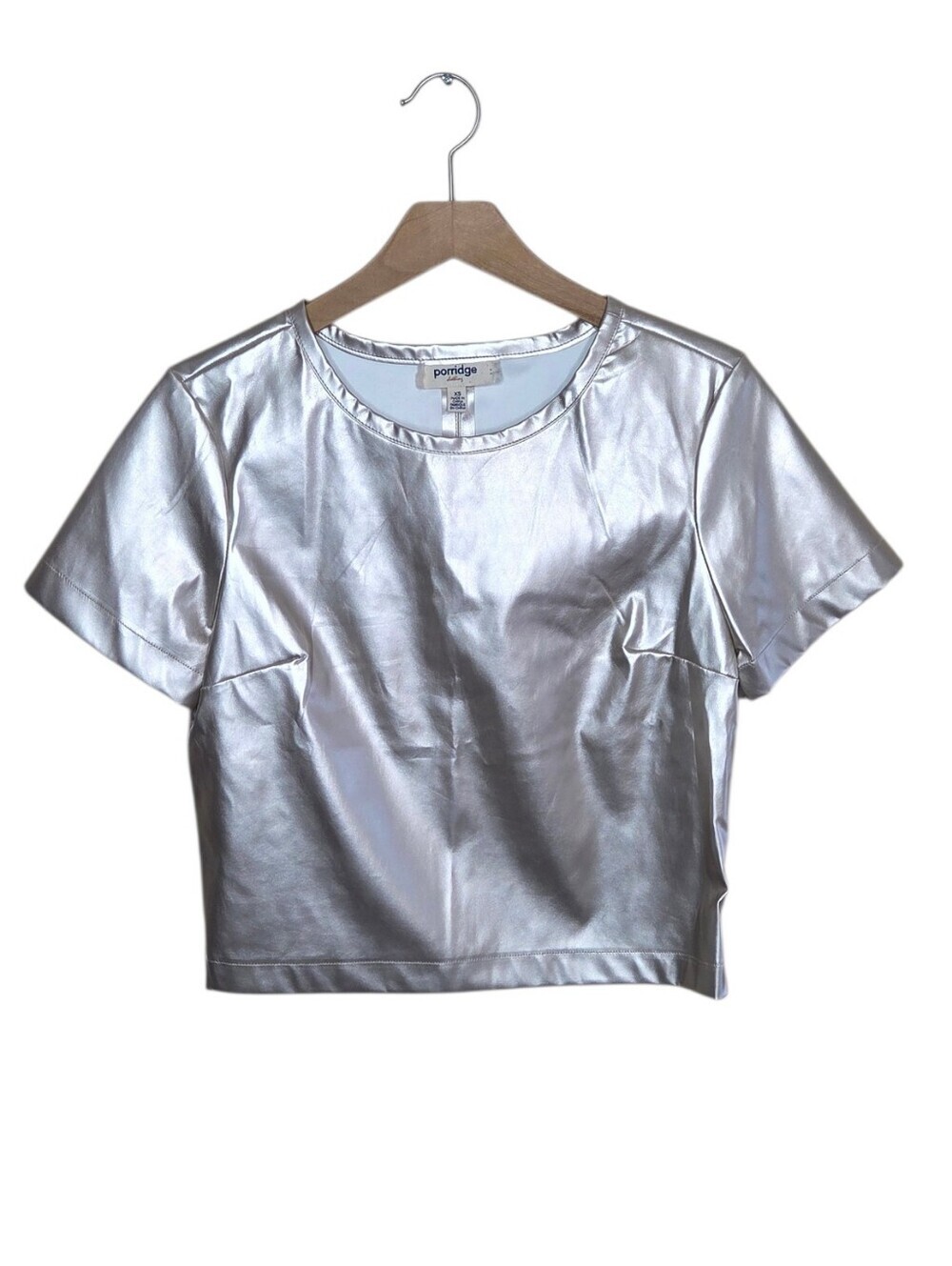 Anthropologie Porridge Shiny Metallic Gold Cropped Boxy Short Sleeve Top Size XS